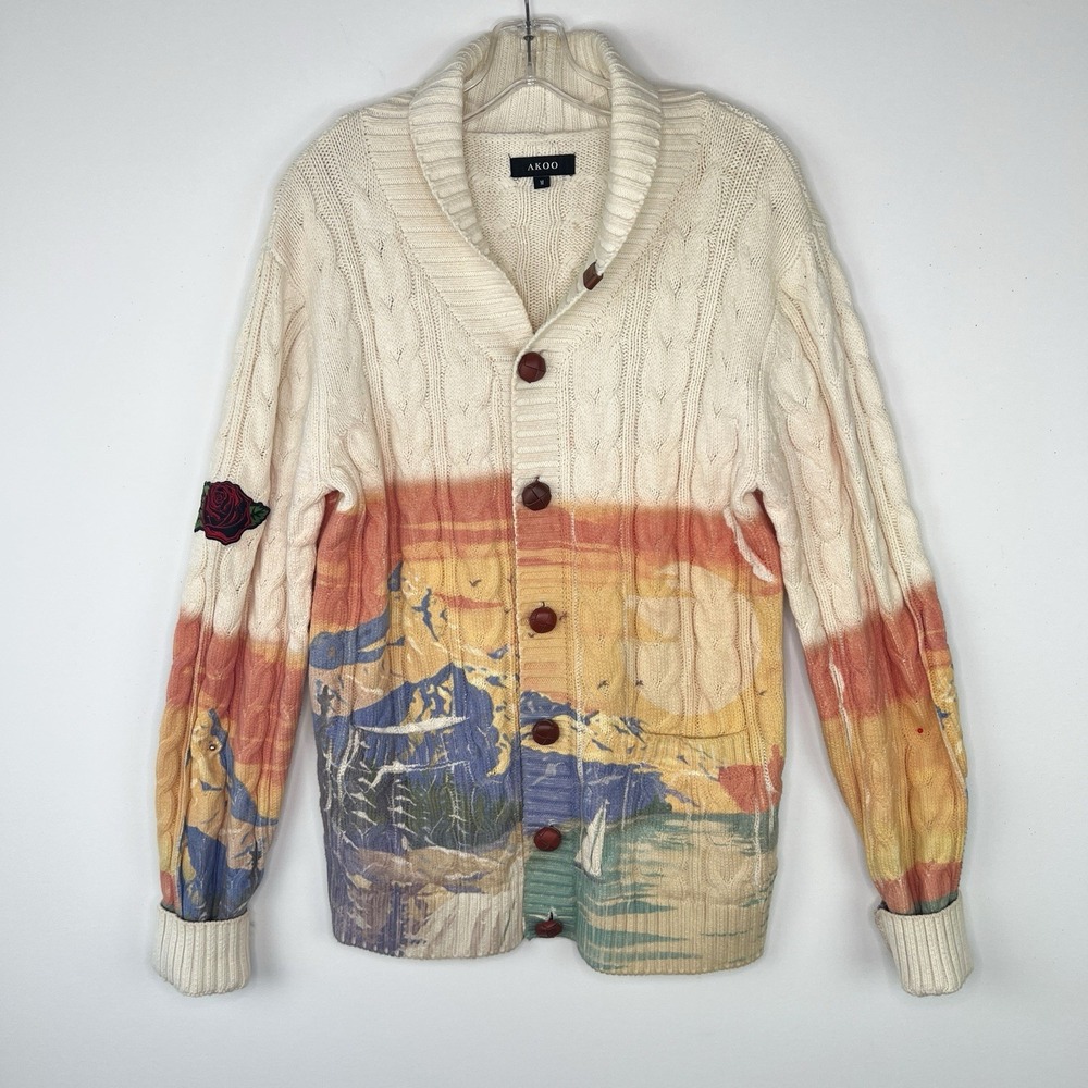 AKOO‎ Graphic Printed/Embroidered Landscape Cardigan Shawl Collar Sweater MEDIUM